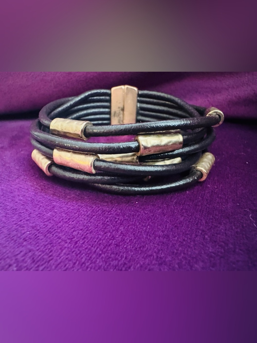 Multi-Strand Black Leather Bracelet with Rose Gold Accents - Women Jewelry